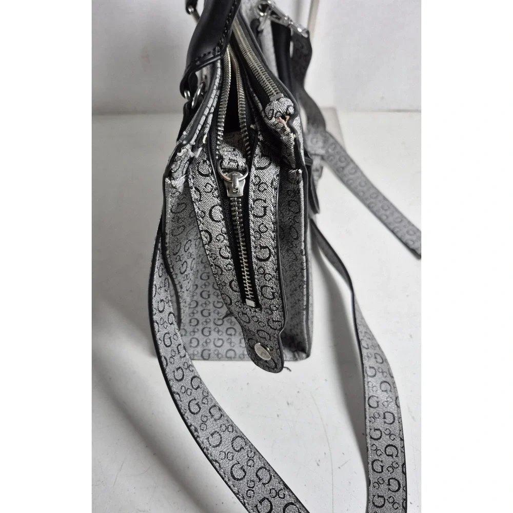 GUESS Logo Satchel Handbag Black Grey Monogram Structured Top Handle‎ Crossbody